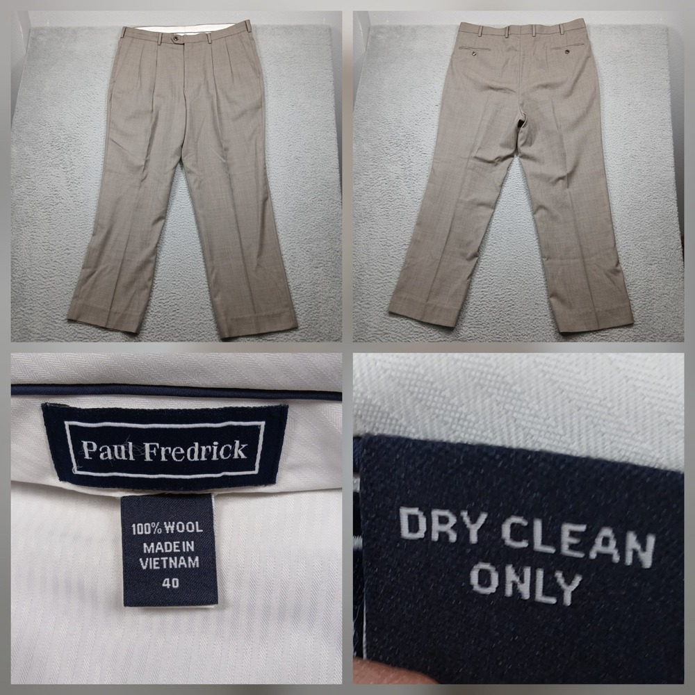 Paul Fredrick Dress Pants Mens 40 Tan Plaid 100% Wool Flat Front Tailored